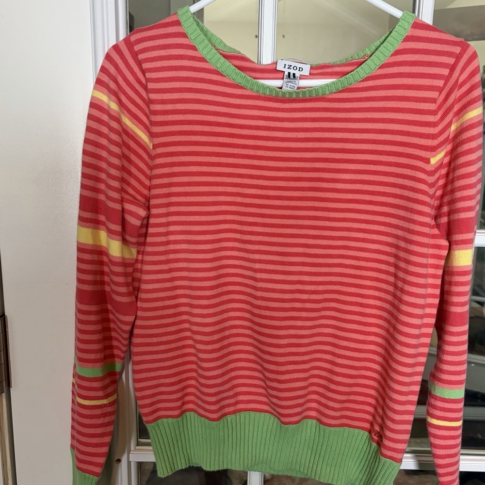 IZOD women's Size Large Striped Sweater Red Pink Green Y2K Preppy Colorful